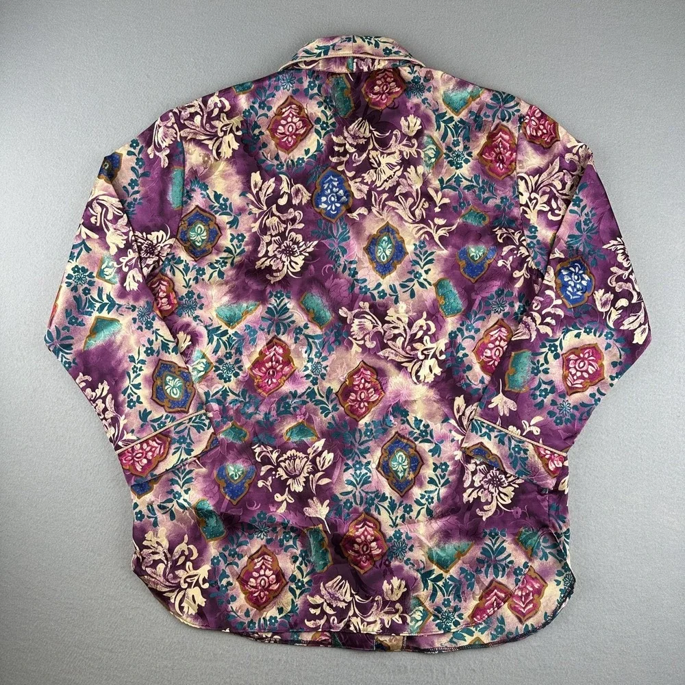 Kathryn Satin Floral Sleep Shirt Nightgown Button Green Blue Purple Size M